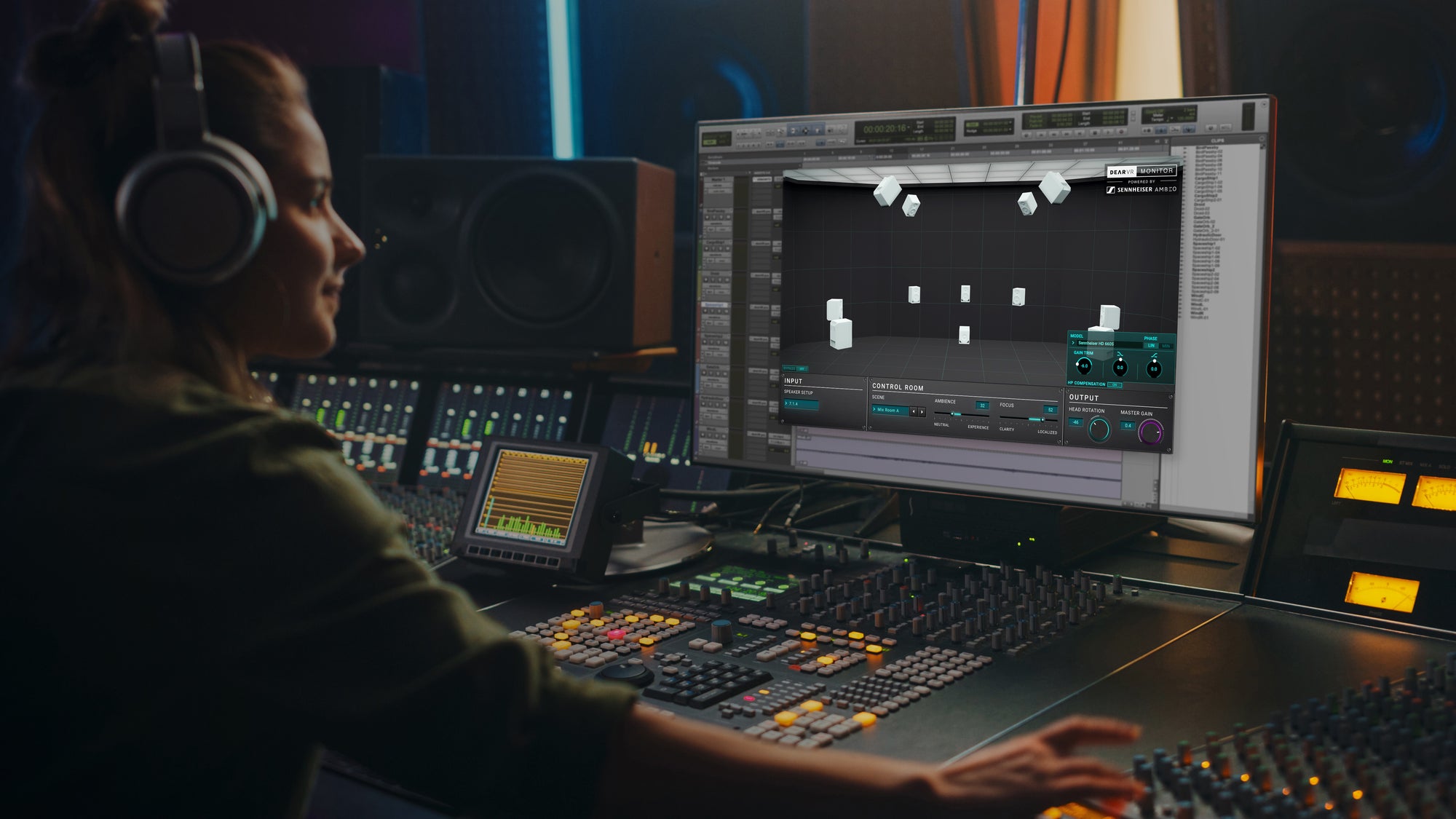 Woman sitting at a large mixing desk in a professional recording studio using dearVR MONITOR in AVID ProTools with Neumann headphones