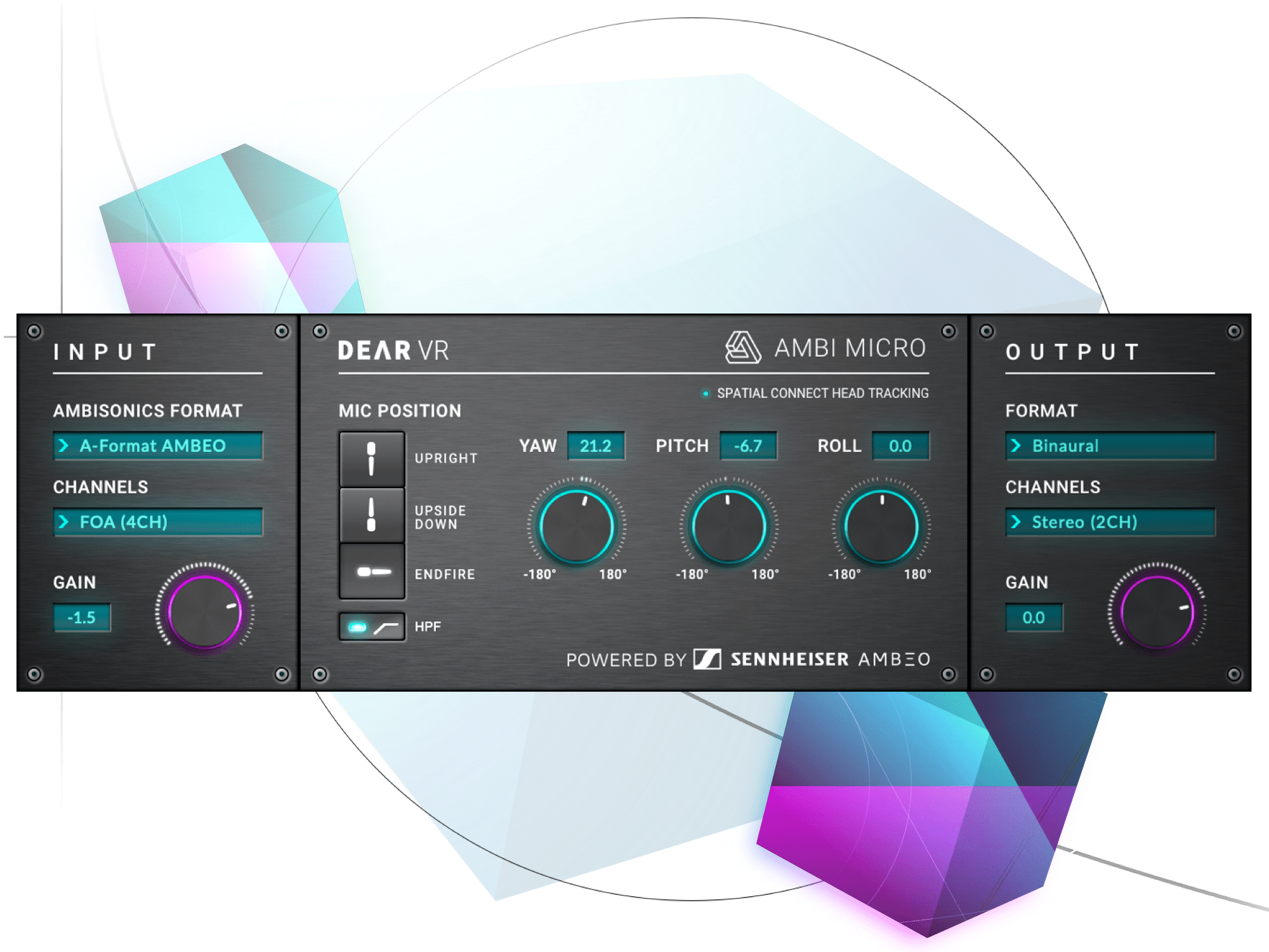 dearVR AMBI MICRO user interface showing advanced control functionalities for the Sennheiser AMBEO VR mic